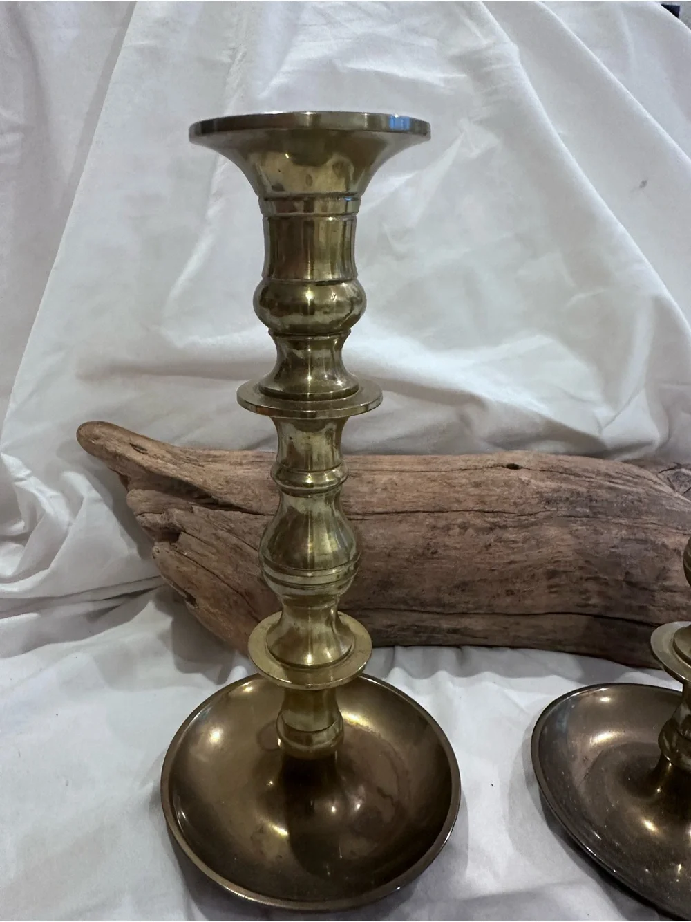 Vintage Heavy Solid Brass Candlesticks Pair Wilton Brass Co Mark 3.12 lbs MCM